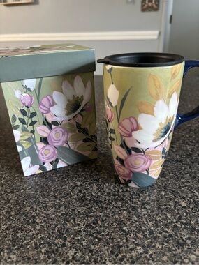 Topadorn Floral Ceramic Travel Mug in Green and Pink New